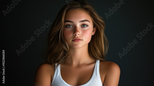 Beautiful woman in white T-shirt Female breast dark background