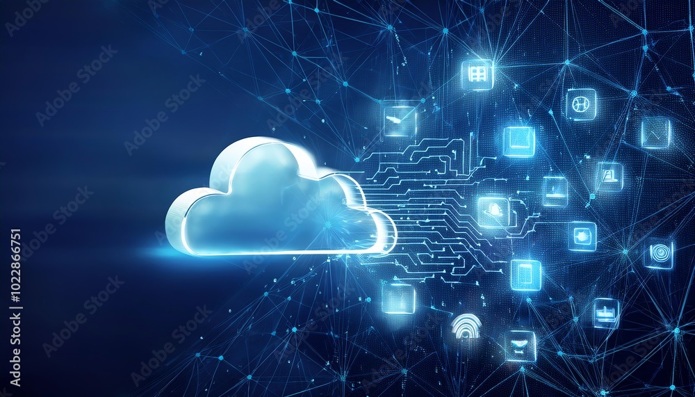 A digital cloud connected to various icons, representing data flow and technology. A digital cloud connected to various icons, representing data flow and technology.