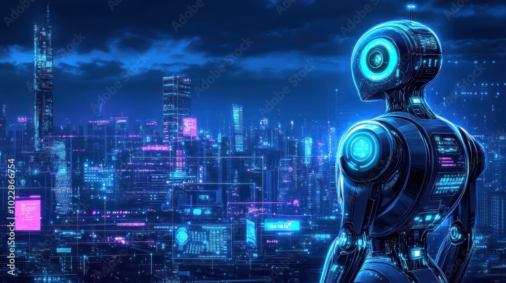 A futuristic robot gazes over a neon-lit cityscape at night. A futuristic robot gazes over a neon-lit cityscape at night.