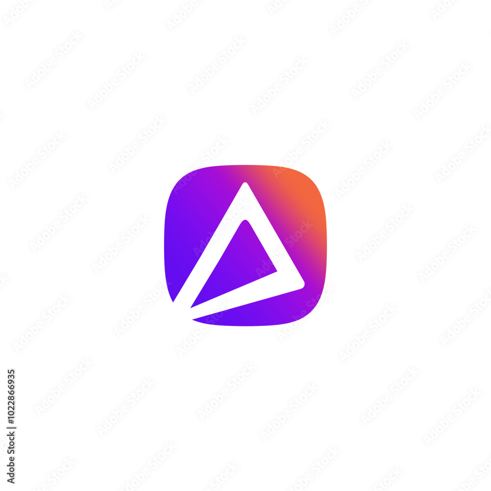 Abstract Logo Letter A White triangle, three curved lines, inside rounded square, gradient background. Abstract Logo Letter A White triangle, three curved lines, inside rounded square, gradient background.