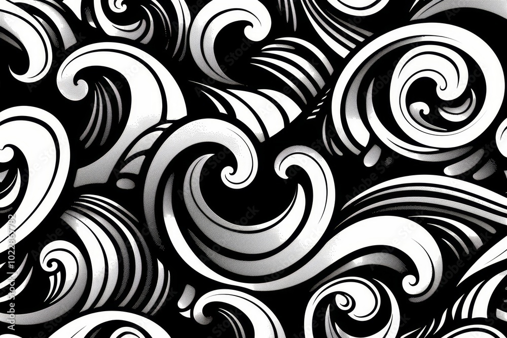 Fototapeta premium Swirling wave patterns create an engaging black and white design, exhibiting fluid motion with intricate curves that capture the essence of water.