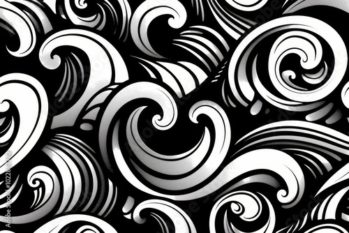 Swirling wave patterns create an engaging black and white design, exhibiting fluid motion with intricate curves that capture the essence of water. photo