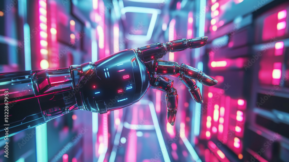 A dynamic 3D illustration showcasing a vibrant metaverse digital smart world, where a futuristic robot hand reaches out into an augmented reality (AR) and virtual reality (VR) environment. A dynamic 3D illustration showcasing a vibrant metaverse digital smart world, where a futuristic robot hand reaches out into an augmented reality (AR) and virtual reality (VR) environment.