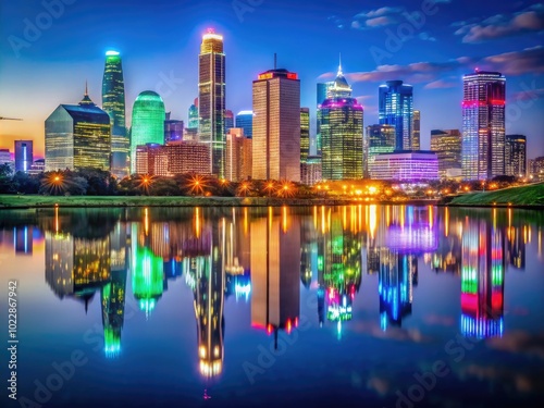 Vibrant Downtown Dallas Skyline Illuminated at Night with Stunning City Lights and Reflections