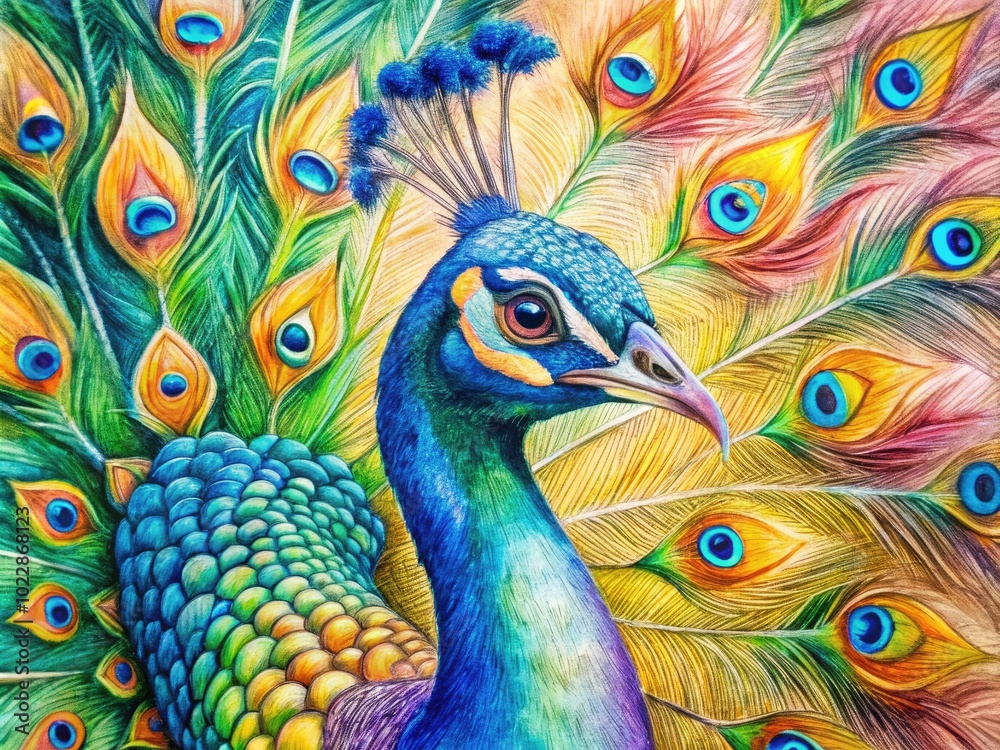 Fototapeta premium Vibrant Drawing of a Peacock Displaying Its Colorful Feathers in Artistic Style on Paper