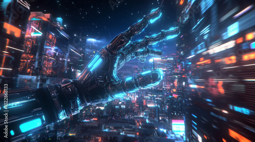 A dynamic 3D illustration showcasing a vibrant metaverse digital smart world, where a futuristic robot hand reaches out into an augmented reality (AR) and virtual reality (VR) environment. 