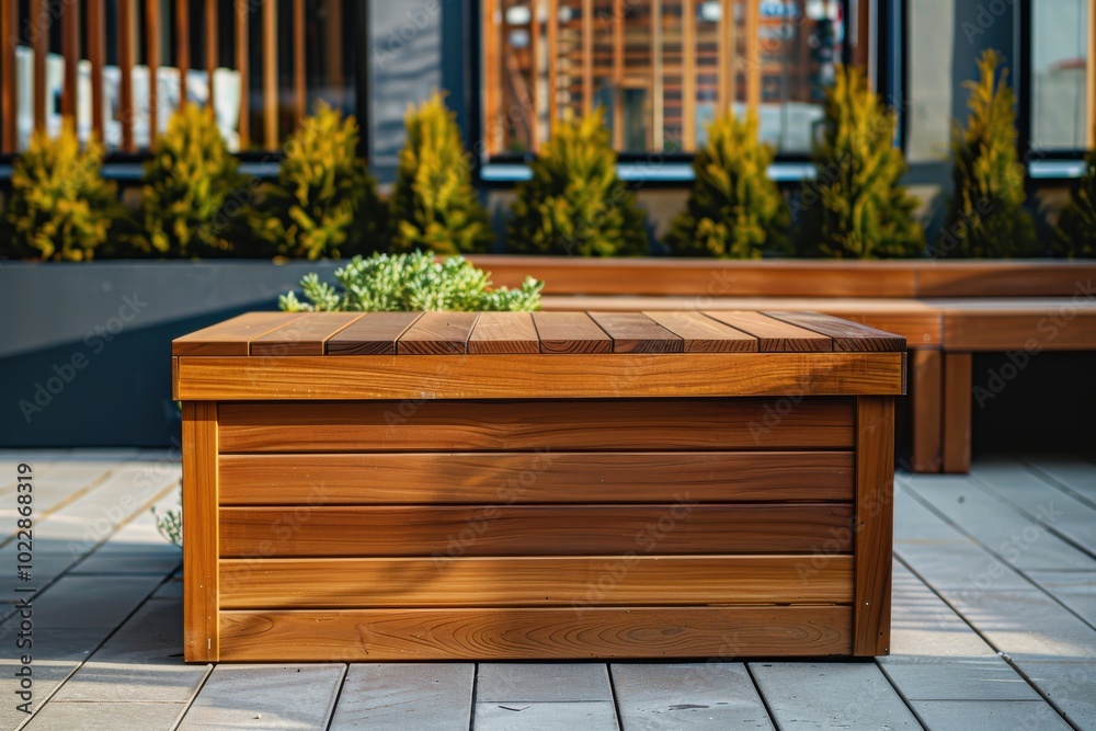 Wooden outdoor coffee table in a modern patio setting with green plants in the background on a sunny day Wooden outdoor coffee table in a modern patio setting with green plants in the background on a sunny day