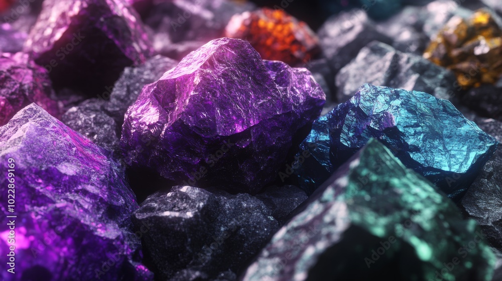 A vibrant array of colorful crystals gleams against a dark background, showcasing their unique textures and hues. A vibrant array of colorful crystals gleams against a dark background, showcasing their unique textures and hues.