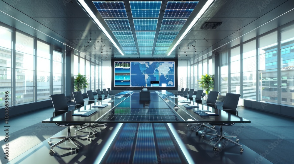 A large conference room with a large screen on the wall A large conference room with a large screen on the wall