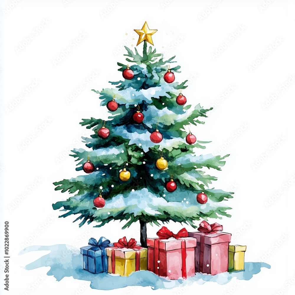 Watercolor illustration of Christmas tree with gifts on a white background. Watercolor illustration of Christmas tree with gifts on a white background.