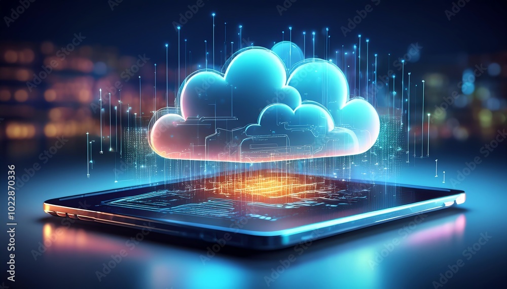 A vibrant cloud icon hovers above a digital tablet, symbolizing cloud computing and data transfer amidst a futuristic background. A vibrant cloud icon hovers above a digital tablet, symbolizing cloud computing and data transfer amidst a futuristic background.