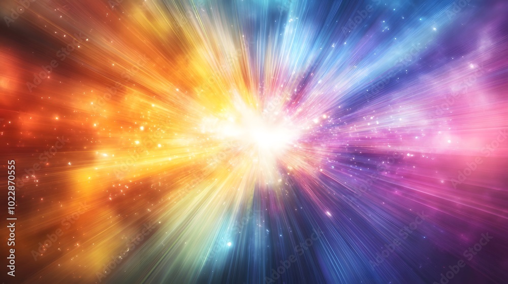A vibrant burst of rainbow colors, radiating outward from the center in an explosion effect A vibrant burst of rainbow colors, radiating outward from the center in an explosion effect