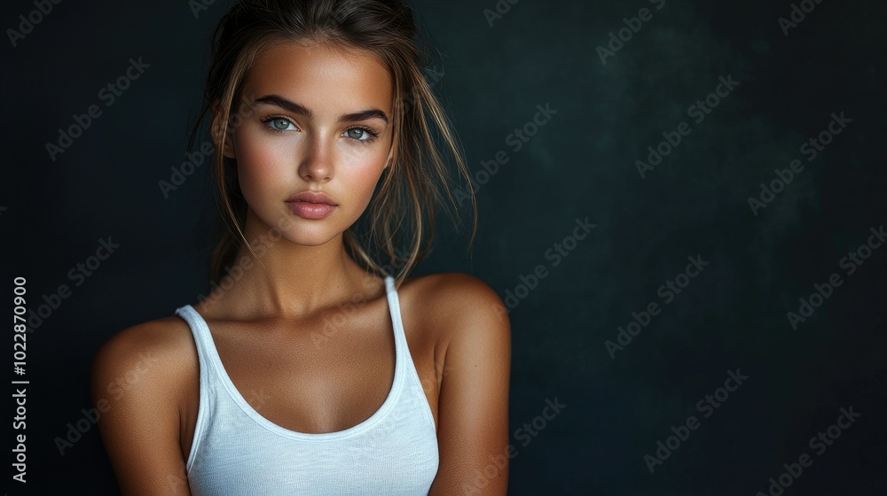 Beautiful woman in white T-shirt Female breast dark background Beautiful woman in white T-shirt Female breast dark background