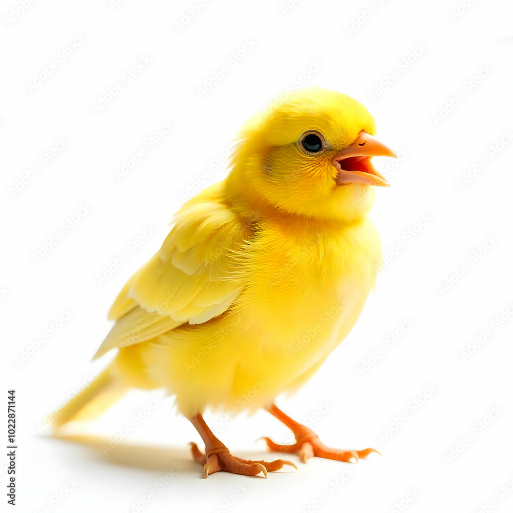 A baby canary with bright yellow feathers singing sweetly on a white background A baby canary with bright yellow feathers singing sweetly on a white background