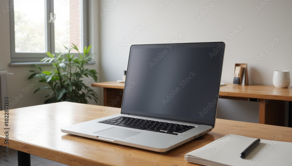 Home Office with Laptop on Wooden Desk and Natural Light Home Office with Laptop on Wooden Desk and Natural Light