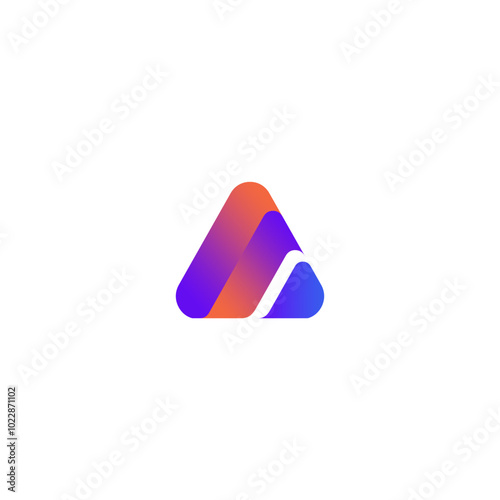 Abstract Logo Letter A White triangle, three curved lines, inside rounded square, gradient background. 