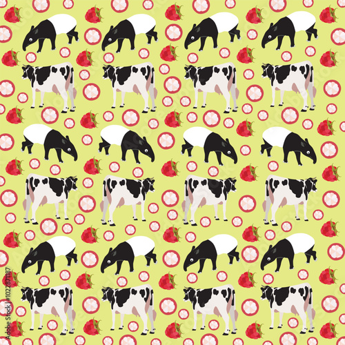 cow, tapir with fruit as a pattern background