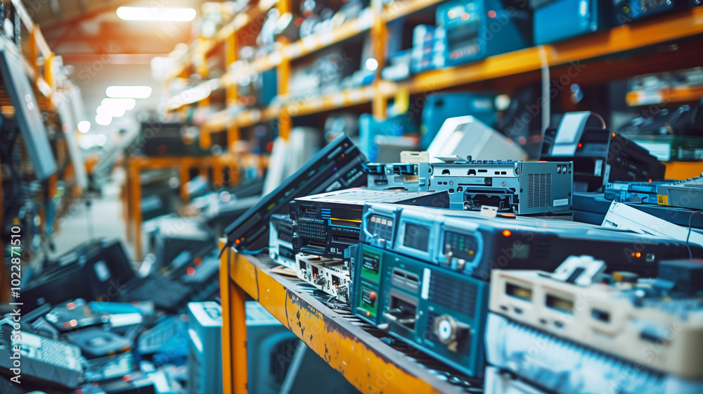 Naklejka premium Warehouse of obsolete electronics and tech equipment amidst shelves