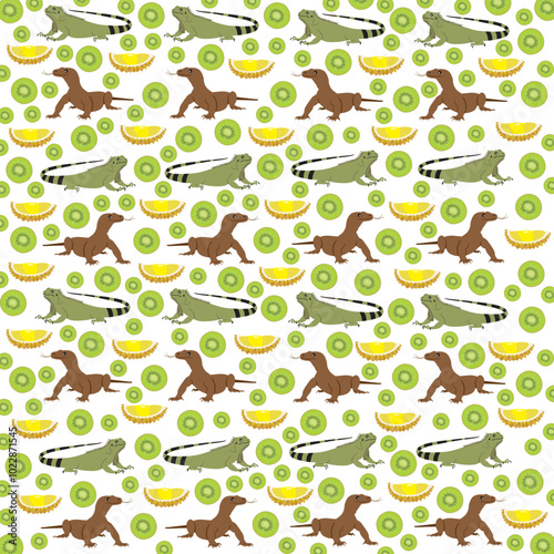 komodo dragon, iguana with fruit as a pattern background