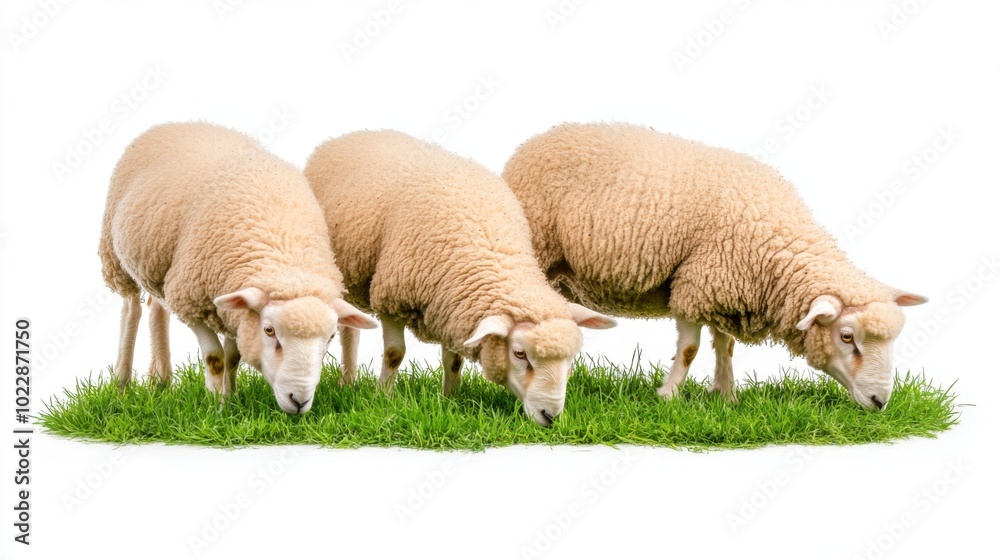 Three sheep grazing on green grass, white background. Livestock, farm and agriculture. Three sheep grazing on green grass, white background. Livestock, farm and agriculture.