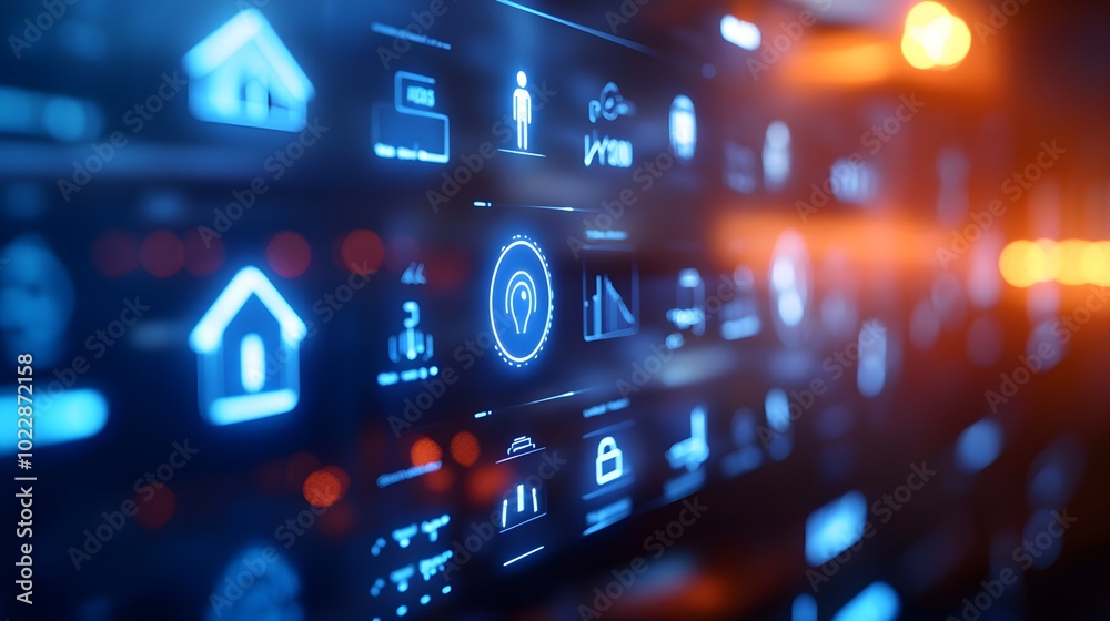Futuristic smart home control panel, holographic icons for lighting, security, and climate control, sleek interface, cool neon blue, 3D illustration Futuristic smart home control panel, holographic icons for lighting, security, and climate control, sleek interface, cool neon blue, 3D illustration