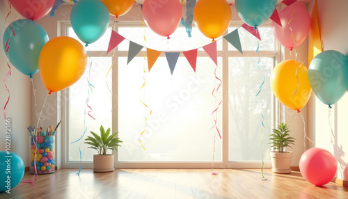 Colorful Balloons and Flags Hanging in Bright Party Room