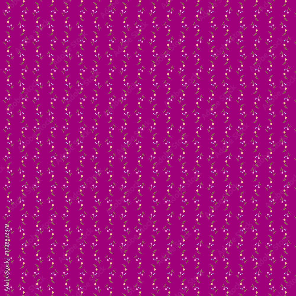 Small flower spring background Yellow pink tulips and blue forget-me-nots on a purple background Tiny floral fabric, wallpaper pattern Vintage style Vertical stripes borders fabric print Small flower spring background Yellow pink tulips and blue forget-me-nots on a purple background Tiny floral fabric, wallpaper pattern Vintage style Vertical stripes borders fabric print