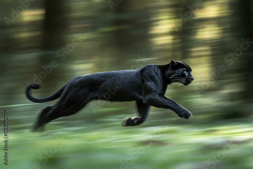 Stealthy black panther in mid-run through a lush forest during daylight photo