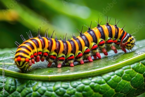 Vibrant Great Tiger Moth Caterpillar on Green Leaf in Natural Habitat Showcasing Nature's Beauty