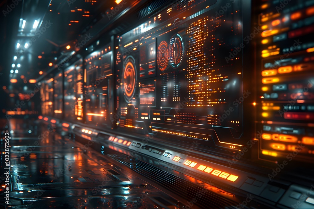 Futuristic Control Room Interface with Digital Data Displays for Sci-Fi Design Futuristic Control Room Interface with Digital Data Displays for Sci-Fi Design