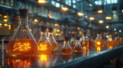 Laboratory scene with glowing flasks filled with liquid.