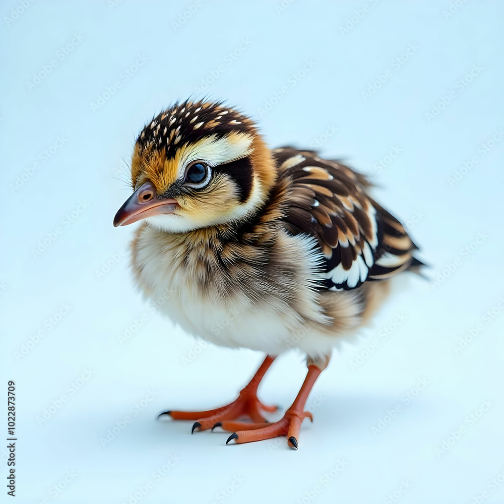 Fototapeta premium A baby quail with speckled feathers peeking curiously on a white background