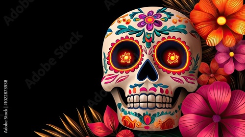 Vibrant sugar skull adorned with colorful floral patterns, perfect for celebrating Dia de los Muertos.