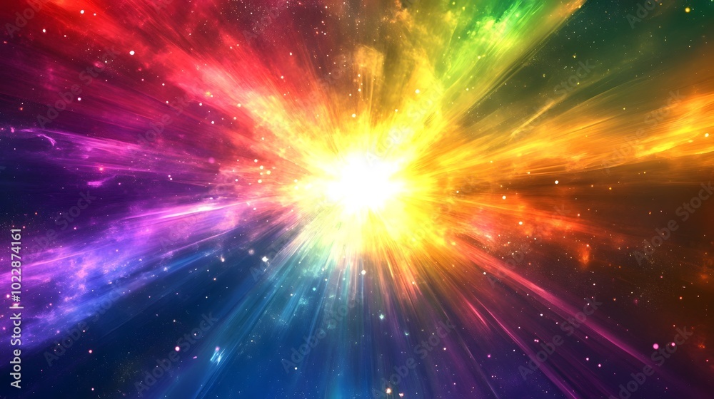 A vibrant burst of rainbow colors, radiating outward from the center in an explosion effect A vibrant burst of rainbow colors, radiating outward from the center in an explosion effect