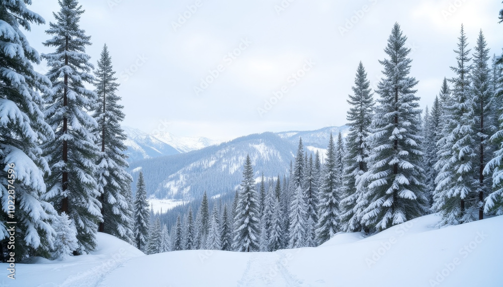Winter Mountain Scene with Snow-Covered Trees Winter Mountain Scene with Snow-Covered Trees