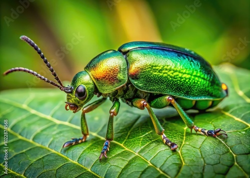 Vibrant Green Dock Beetle on Leaf in Nature, Showcasing Colorful Insect's Unique Features and Habitat