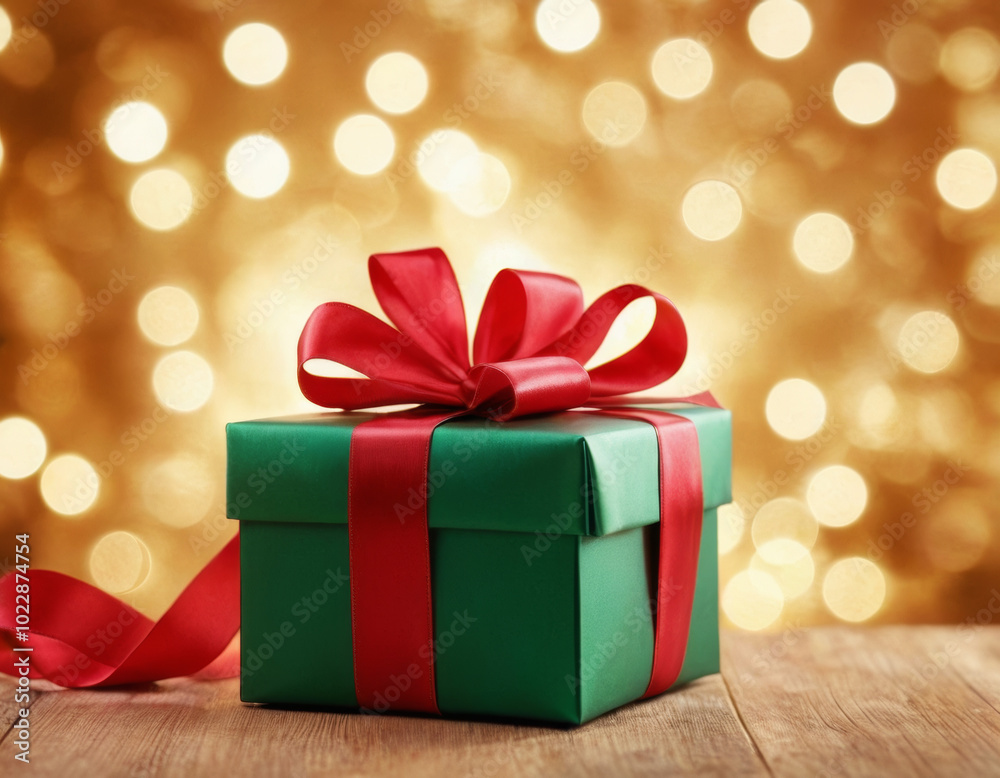 Luxury present gift box with satin ribbon and bow on shiny background with bokeh. Christmas, New year, festive present background Luxury present gift box with satin ribbon and bow on shiny background with bokeh. Christmas, New year, festive present background