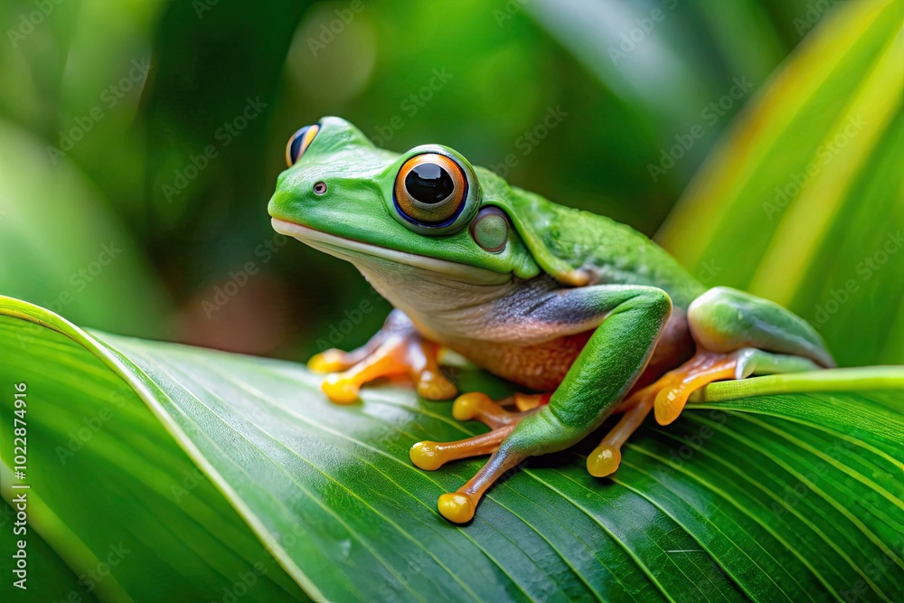 Vibrant Green Frog Perched on a Leaf in a Lush Natural Habitat Surrounded by Nature's Beauty Vibrant Green Frog Perched on a Leaf in a Lush Natural Habitat Surrounded by Nature's Beauty