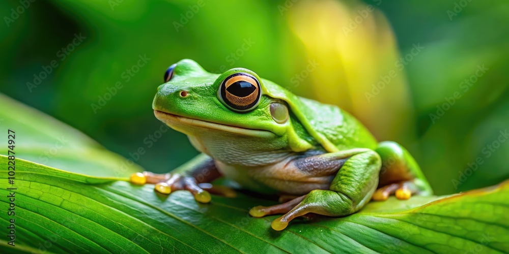 Vibrant Green Frame Frog Resting on a Leaf Against a Soft Focus Natural Background in Nature Vibrant Green Frame Frog Resting on a Leaf Against a Soft Focus Natural Background in Nature