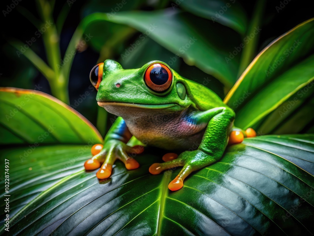 Vibrant Green Frog Resting on a Leaf in a Lush Rainforest Setting Capturing Nature's Beauty Vibrant Green Frog Resting on a Leaf in a Lush Rainforest Setting Capturing Nature's Beauty