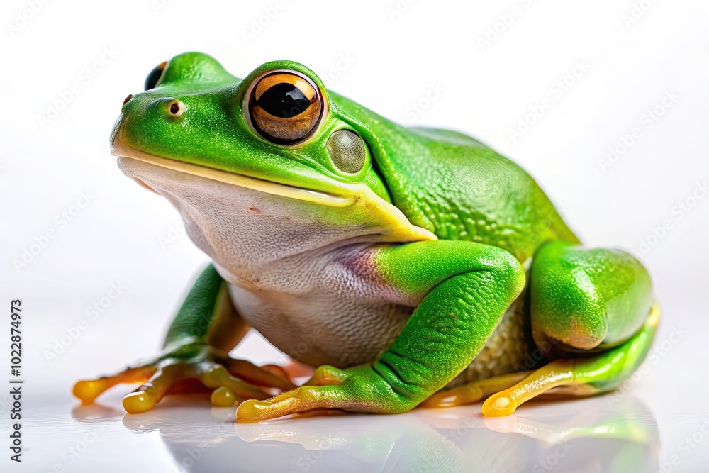 Fototapeta premium Vibrant Green Frog Sitting Against a Crisp White Background Highlighting Its Unique Features and Color