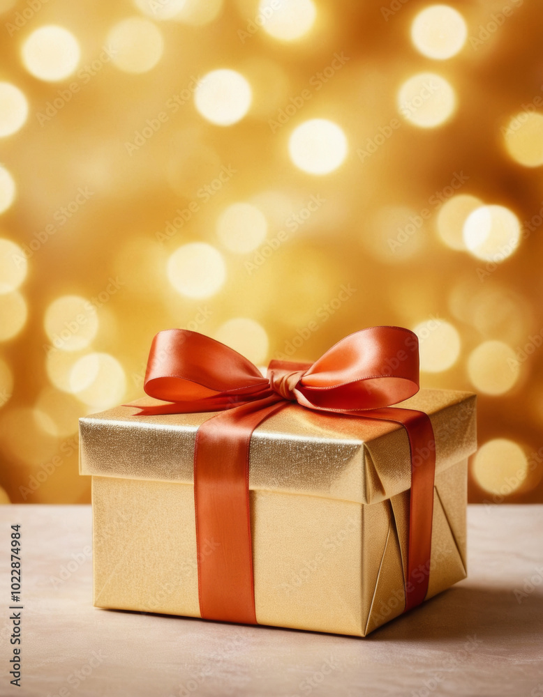 Luxury present gift box with satin ribbon and bow on shiny background with bokeh. Christmas, New year, festive present background Luxury present gift box with satin ribbon and bow on shiny background with bokeh. Christmas, New year, festive present background