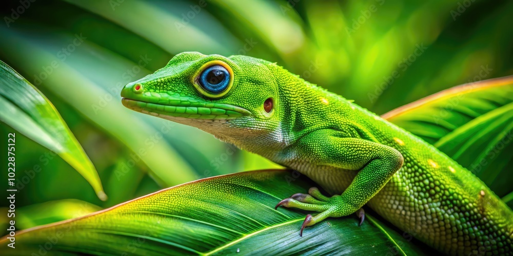Fototapeta premium Vibrant Green Gecko Camouflaged on Leaves in Tropical Forest with Lush Greenery Surrounding It
