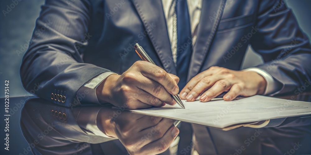 Fototapeta premium Business hand signing a contract with a pen against a dark background