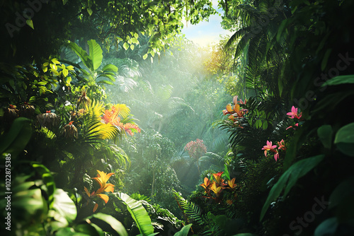 Vibrant Tropical Rainforest Ecosystem Showcasing Rich Biodiversity  