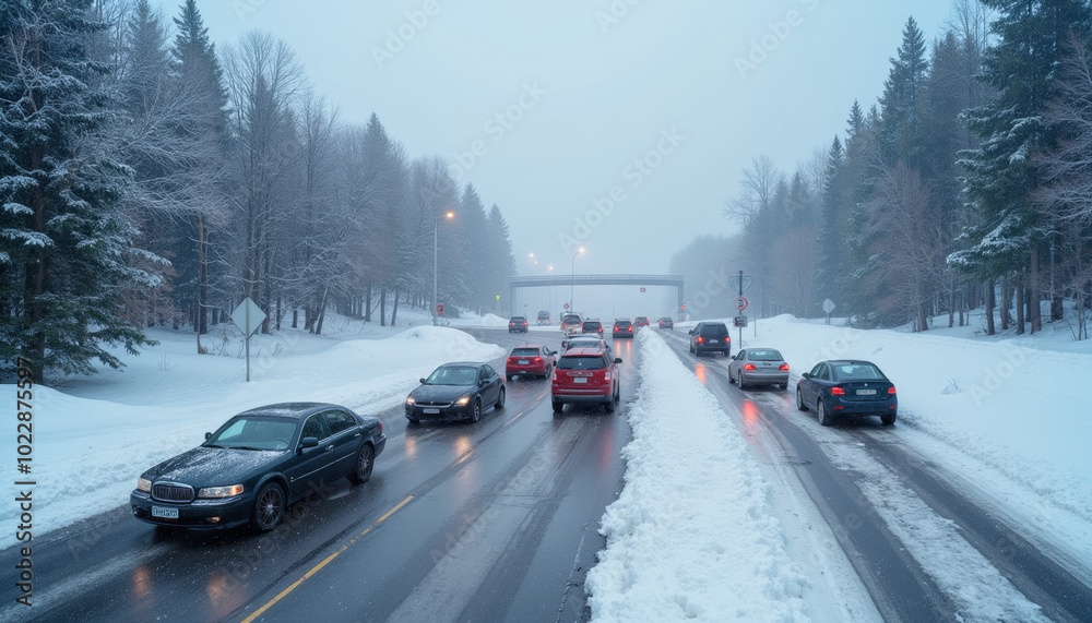 Cars Driving on Snowy Winter Road in Forested Area Cars Driving on Snowy Winter Road in Forested Area