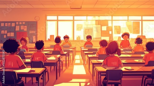 A classroom scene with students sitting at desks, illuminated by warm sunlight.