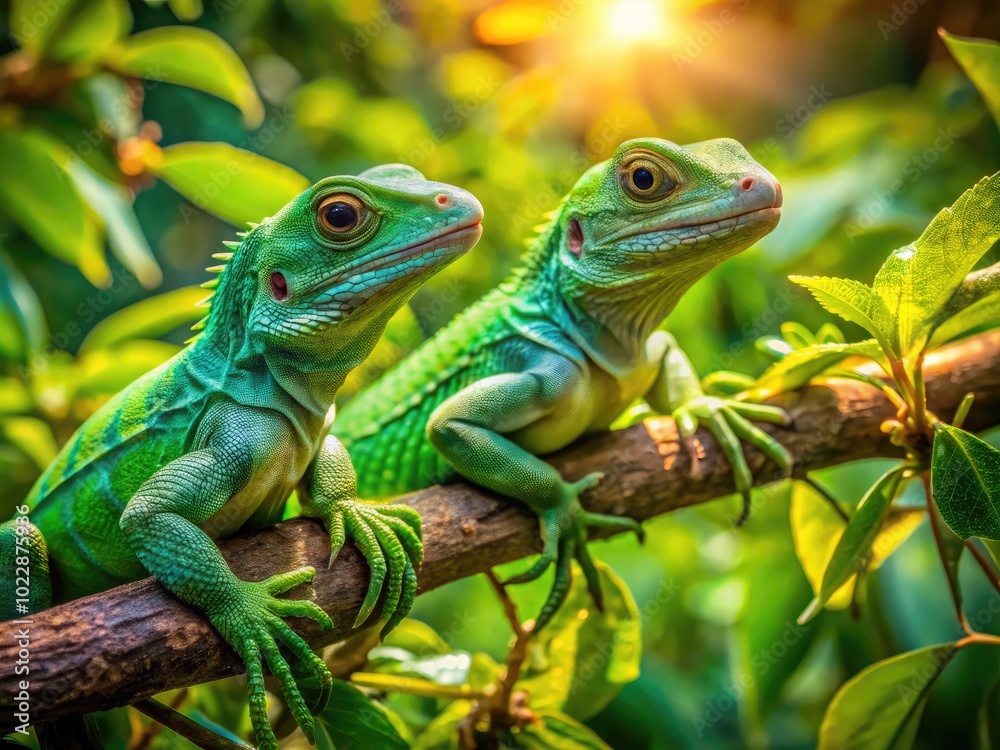 Fototapeta premium Vibrant Green Lizards Relaxing on Branches in a Lush Natural Habitat Under Bright Sunlight