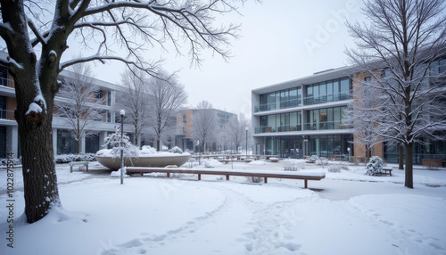 Modern University Campus Courtyard Covered in Snow photo