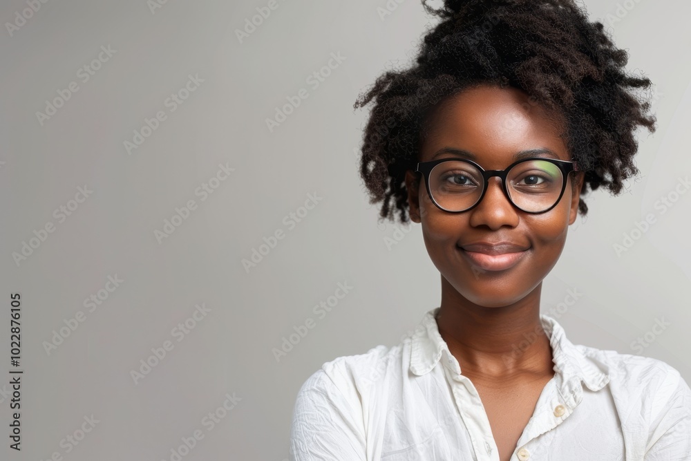 A cheerful young woman with natural textured hair, wearing glasses, stands with her arms crossed, exuding confidence and warmth in a simple, neutral environment. A cheerful young woman with natural textured hair, wearing glasses, stands with her arms crossed, exuding confidence and warmth in a simple, neutral environment.